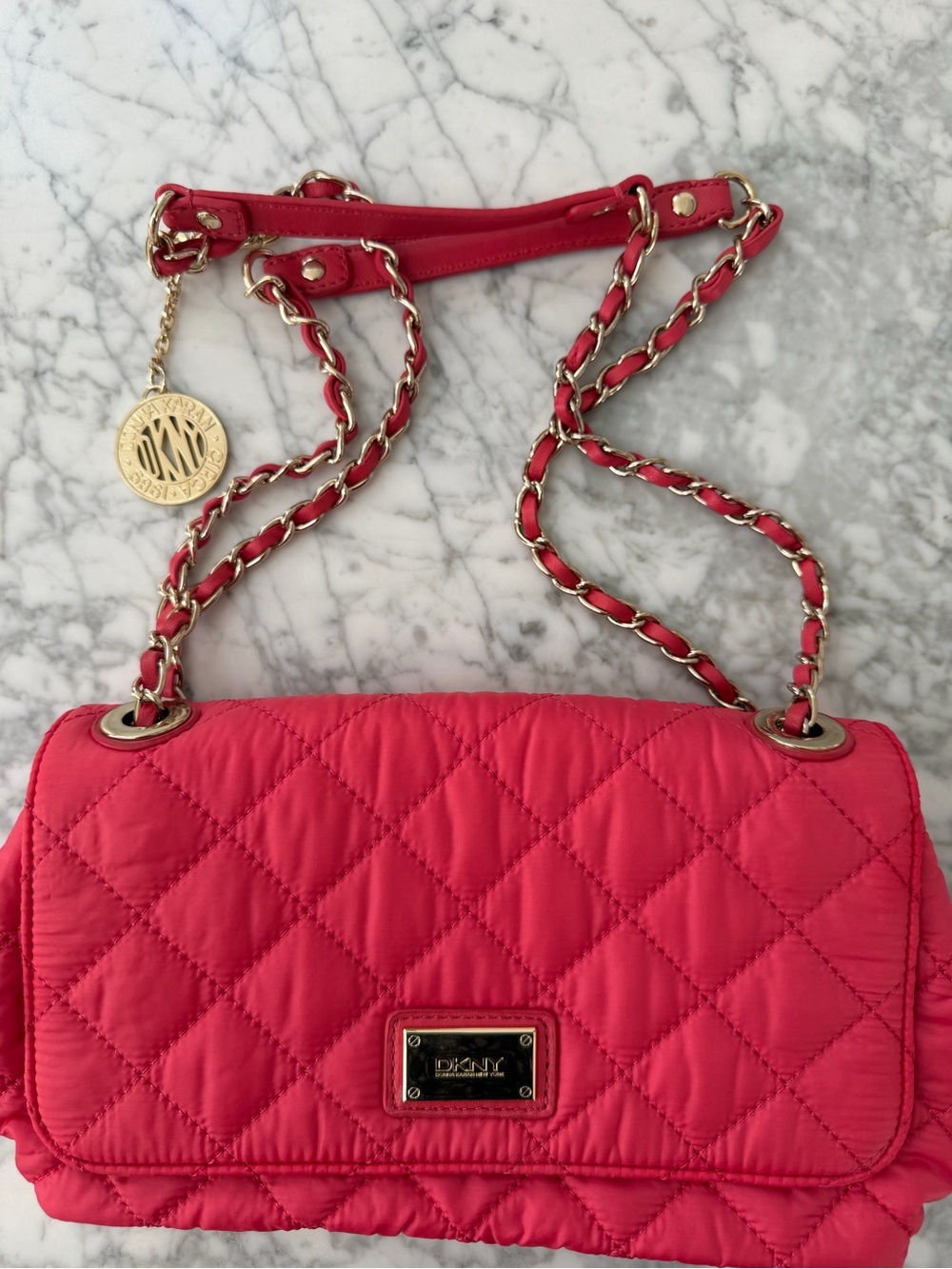 DKNY Quilted Crossbody Bag in Rose Pink with Gold Plaque